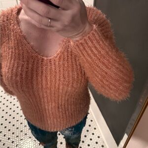 Pink Rose Fuzzy Peach V-Neck Sweater Incredibly Soft!